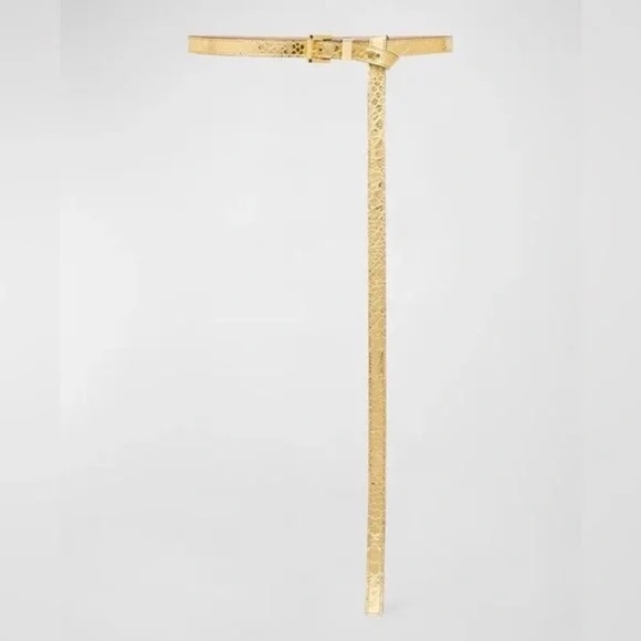 NWT MICHAEL KORS Metallic Snakeskin Embossed Long Leather Belt, 15mm - Gold - Picture 2 of 8